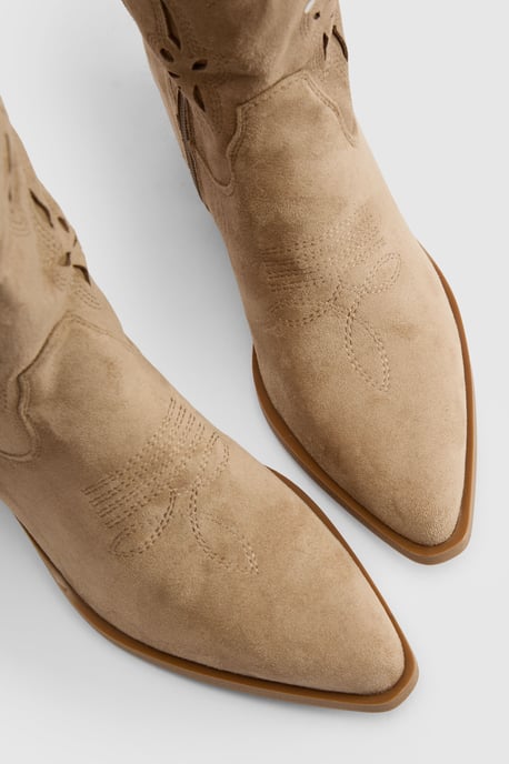 Faux Suede Cut Out Detail Knee High Western Boots - Image 5