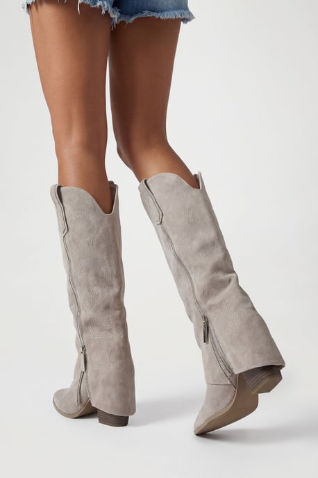 Faux Suede Zip Detail Fold Over Western Cowboy Boots - Image 2