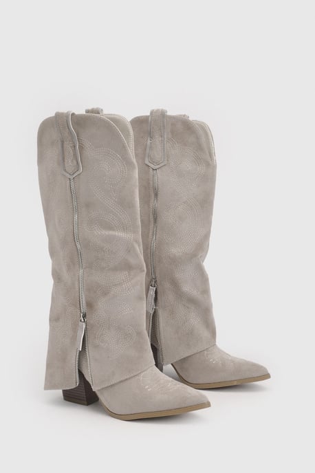Faux Suede Zip Detail Fold Over Western Cowboy Boots - Image 3