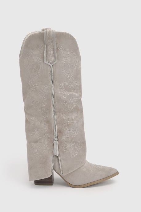 Faux Suede Zip Detail Fold Over Western Cowboy Boots - Image 4