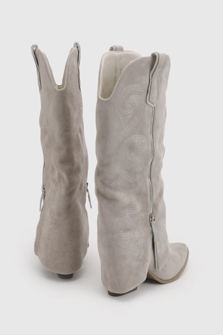 Faux Suede Zip Detail Fold Over Western Cowboy Boots - Image 5