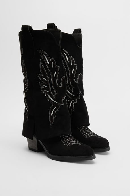 Faux Suede Fold Over Contrast Embroidery Western Boots - Image 3