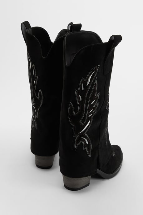 Faux Suede Fold Over Contrast Embroidery Western Boots - Image 4