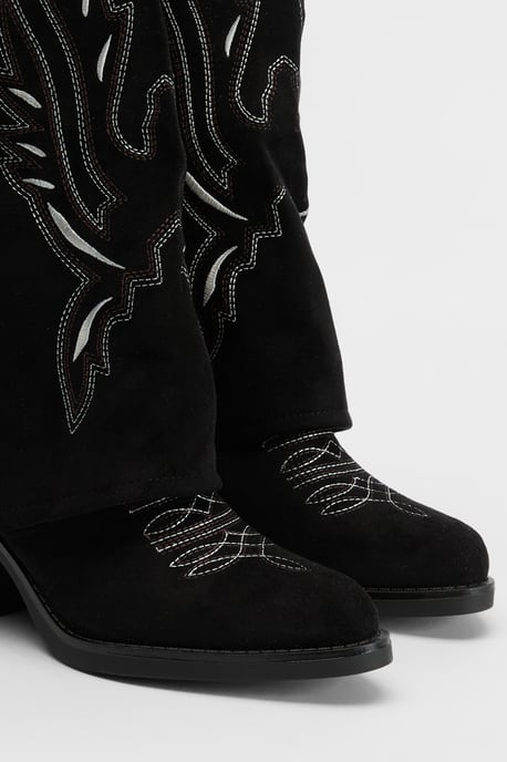 Faux Suede Fold Over Contrast Embroidery Western Boots - Image 5