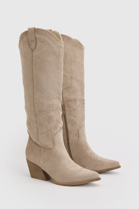 Faux Suede Embroidered Knee High Western Boots - Image 3