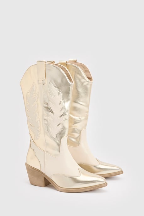 Metallic Cut Out Detail Western Cowboy Boots - Image 3