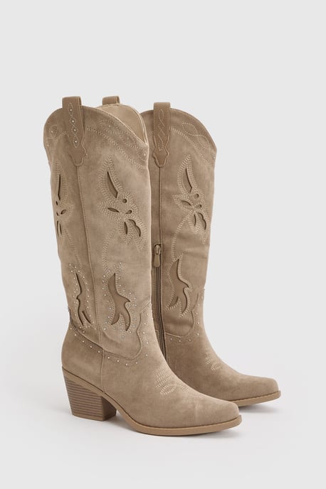 Faux Suede Cut Out Detail Knee High Western Boots - Image 2
