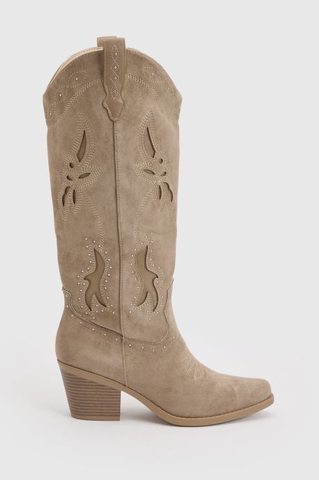 Faux Suede Cut Out Detail Knee High Western Boots - Image 3