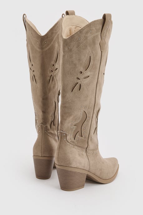Faux Suede Cut Out Detail Knee High Western Boots - Image 4