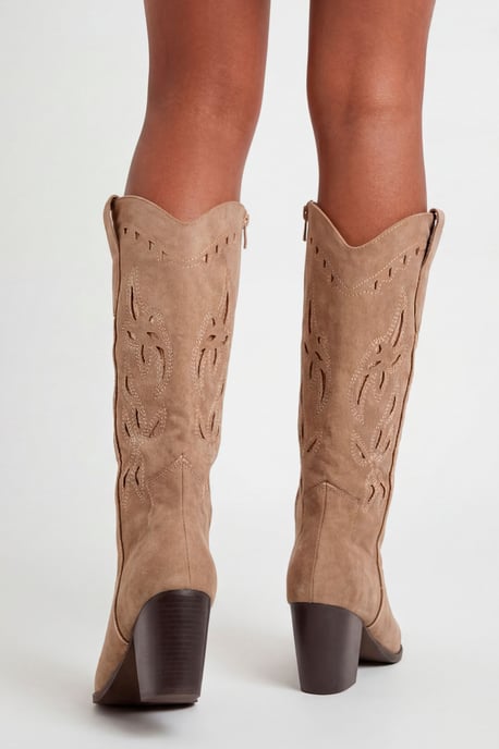 Faux Suede Cut Out Detail Embroidered Western Cowboy Boots - Image 2