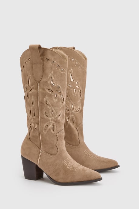 Faux Suede Cut Out Detail Embroidered Western Cowboy Boots - Image 3