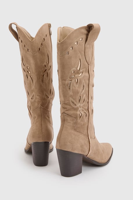 Faux Suede Cut Out Detail Embroidered Western Cowboy Boots - Image 4