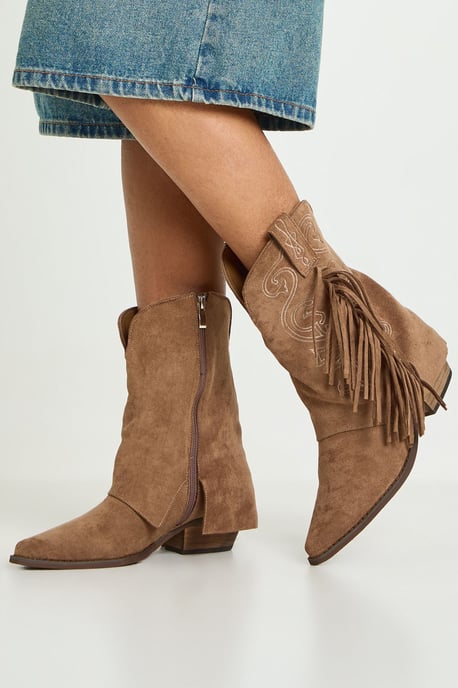 Faux Suede Fold Over Tassel Detail Calf High Western Boots - Image 2