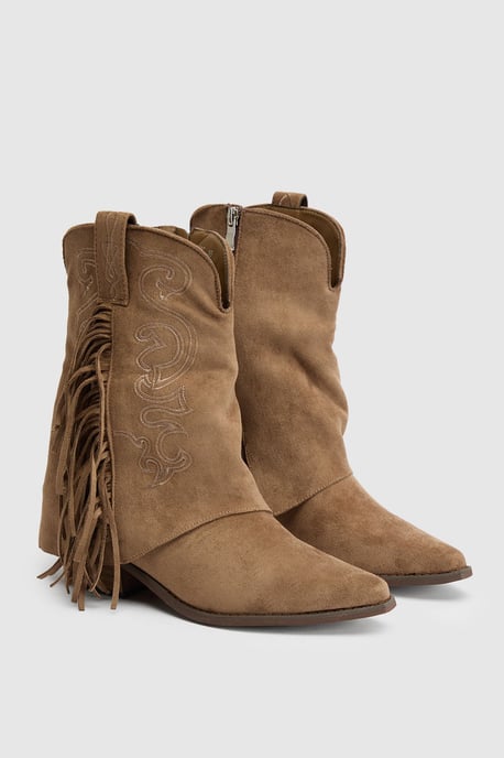 Faux Suede Fold Over Tassel Detail Calf High Western Boots - Image 3