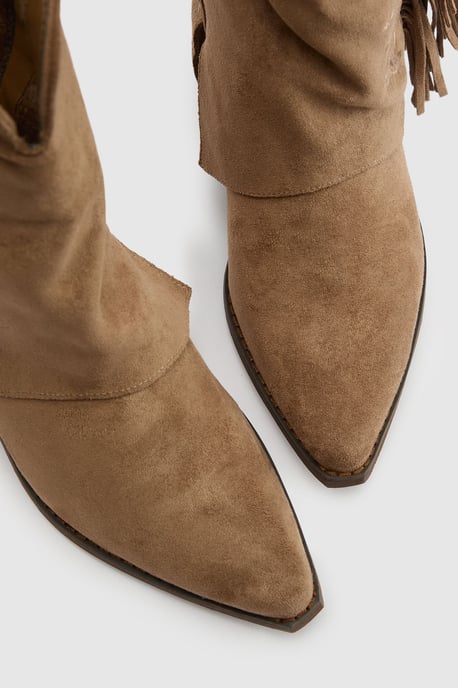 Faux Suede Fold Over Tassel Detail Calf High Western Boots - Image 5