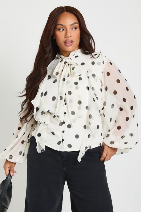 Plus Polka Dot Chiffon Balloon Sleeve Blouse - Image 1