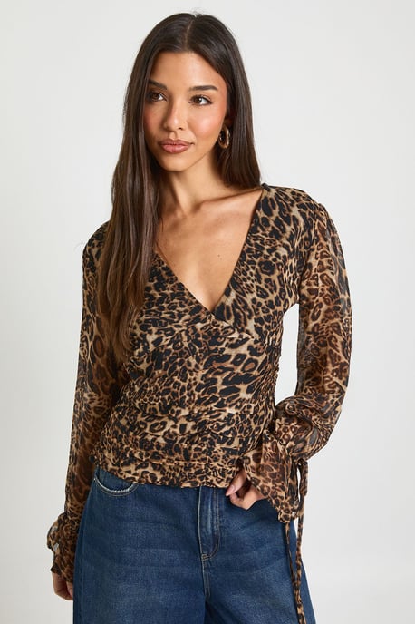 Leopard Chiffon Tie Cuff Blouse - Image 1