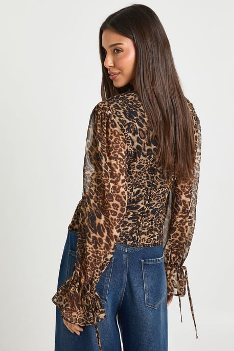 Leopard Chiffon Tie Cuff Blouse - Image 2