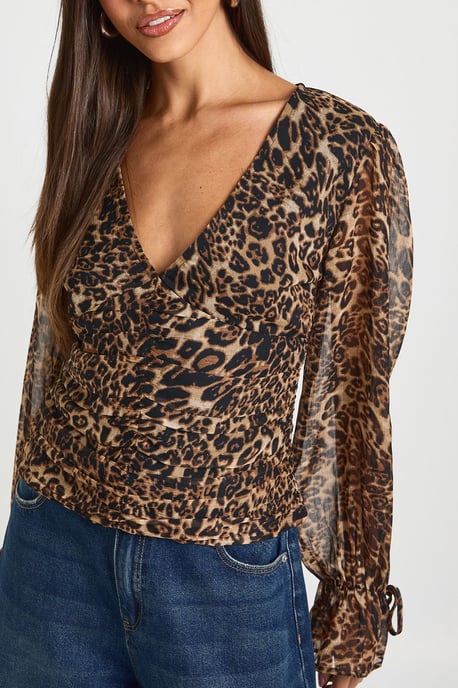 Leopard Chiffon Tie Cuff Blouse - Image 4
