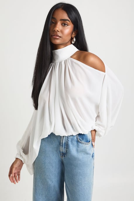 Chiffon Cold Shoulder Volume Sleeve Blouse - Image 1