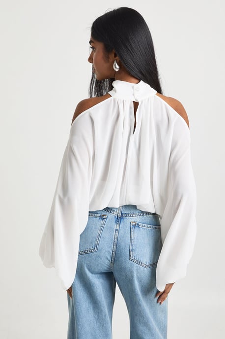 Chiffon Cold Shoulder Volume Sleeve Blouse - Image 2