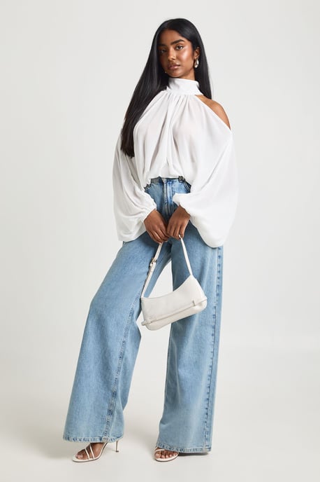 Chiffon Cold Shoulder Volume Sleeve Blouse - Image 3