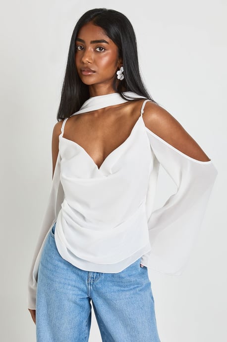 Chiffon Cold Shoulder Scarf Detail Blouse - Image 1
