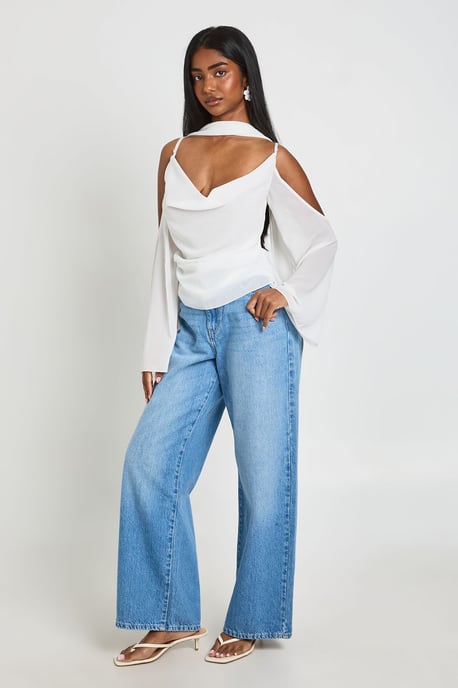 Chiffon Cold Shoulder Scarf Detail Blouse - Image 3