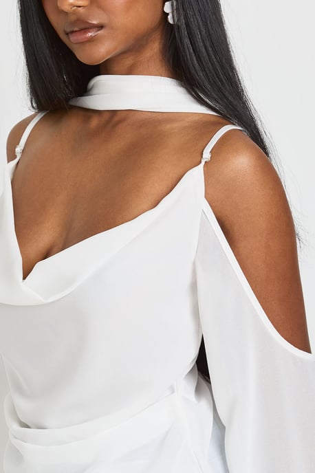 Chiffon Cold Shoulder Scarf Detail Blouse - Image 4