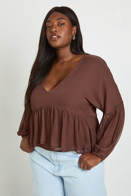 Plus Chiffon Ruffle Plunge Blouse - Image 1
