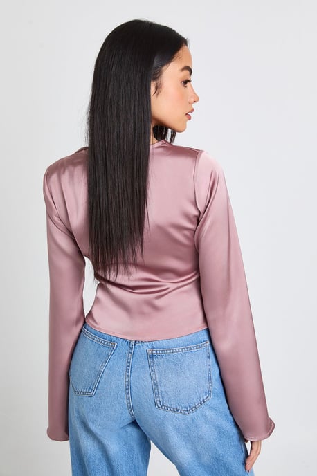 Long Sleeve Satin Cowl Neck Top - Image 2