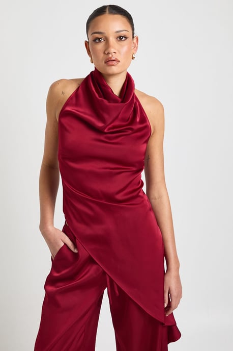 Satin Cowl Neck Asym Hem Top - Image 1