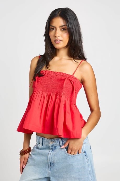 Tie Strap Shirred Peplum Top - Image 1