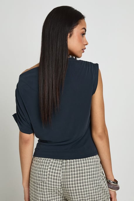 Cupro Ruched Asymmetric Sleeve Drape Top - Image 2