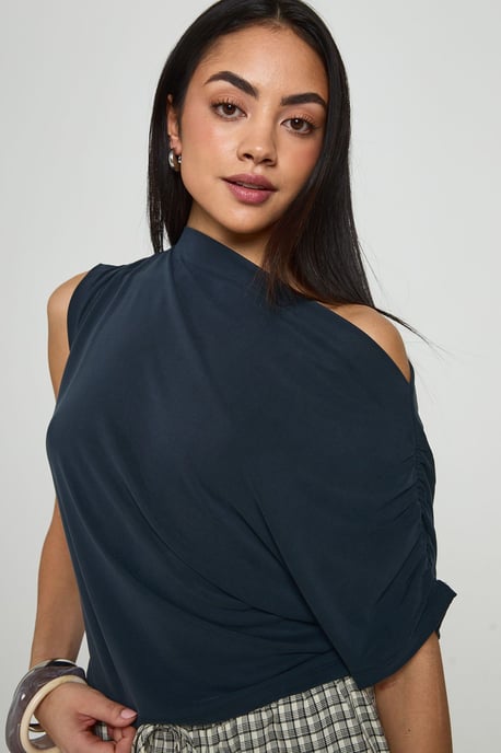 Cupro Ruched Asymmetric Sleeve Drape Top - Image 4