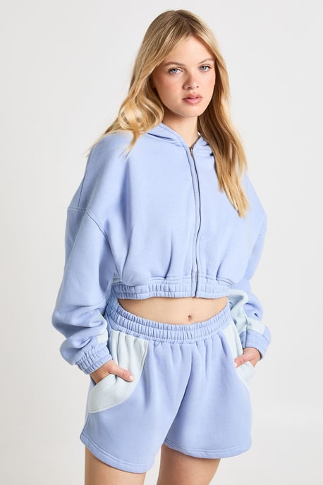 Petite Contrast Panel Zip Through Hooded Short Tracksuit - Image 1