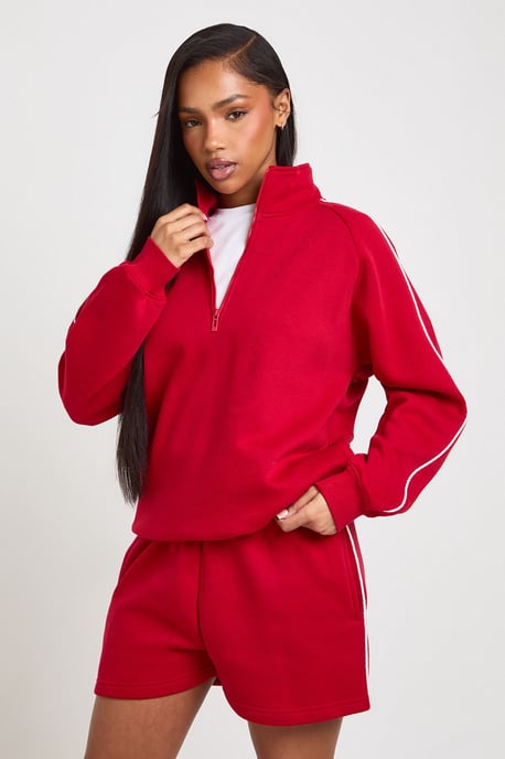Half Zip Sweatshirt Piping Detail Short Tracksuit - Image 1