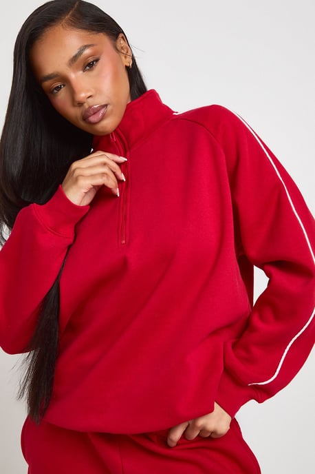 Half Zip Sweatshirt Piping Detail Short Tracksuit - Image 4