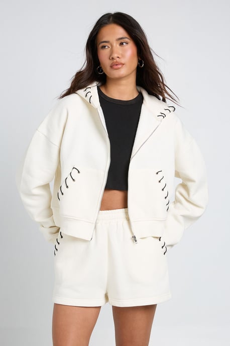 Stitch Detail Zip Through Hoodie Short Tracksuit - Image 3