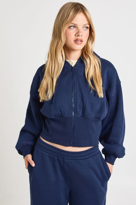 Petite Cinched Waist Zip Through Cropped Hoodie Tracksuit - Image 3