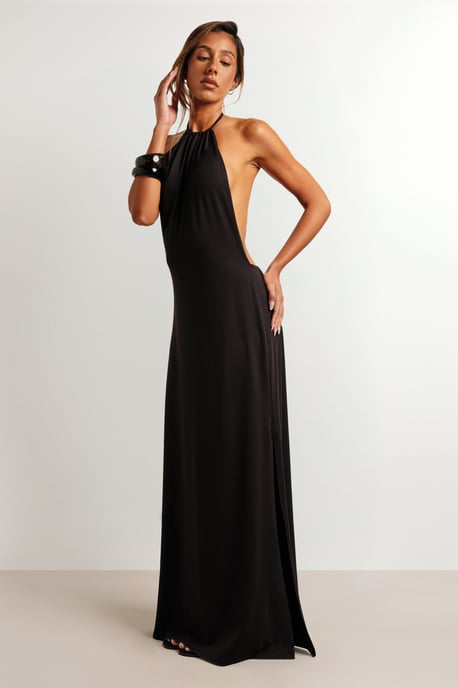 Ruched Neckline Halter Low Back Super Soft Maxi Dress - Image 1