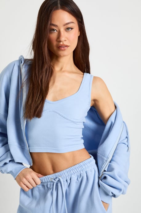 Tall Seam Detail Crop Top 3 Piece Hooded Tracksuit - Image 3