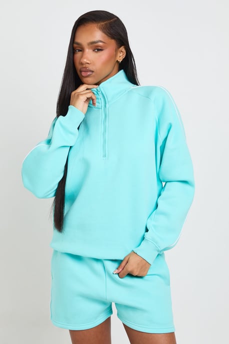 Half Zip Sweatshirt Piping Detail Short Tracksuit - Image 1