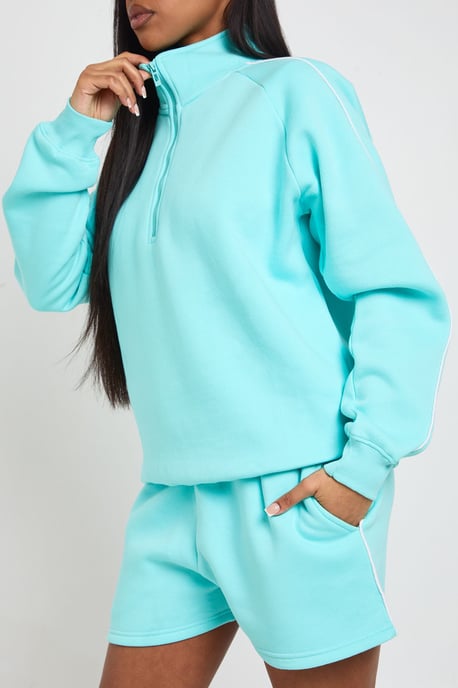 Half Zip Sweatshirt Piping Detail Short Tracksuit - Image 4