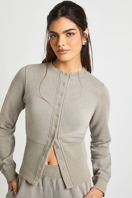 Washed Deep Hem Popper Bomber Sweatshirt Tracksuit - Image 3