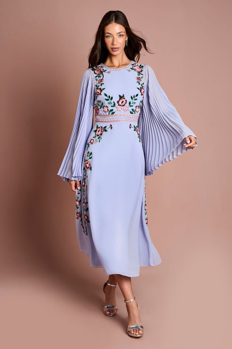 Pleated Sleeve Beaded Floral Midi Dress - Image 1