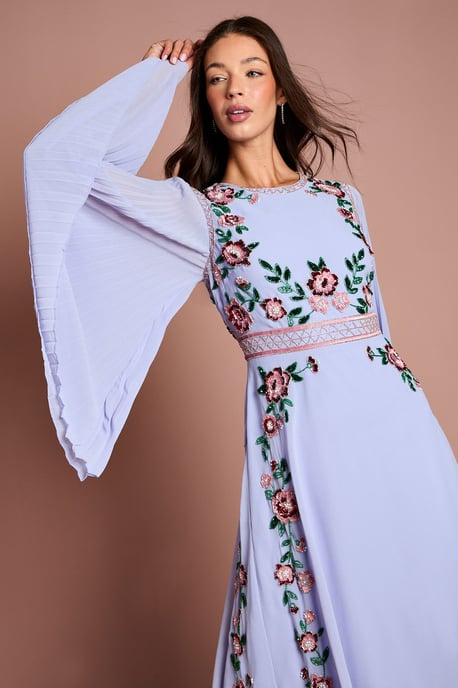 Pleated Sleeve Beaded Floral Midi Dress - Image 2