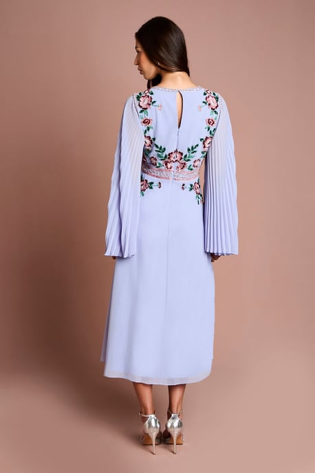 Pleated Sleeve Beaded Floral Midi Dress - Image 3