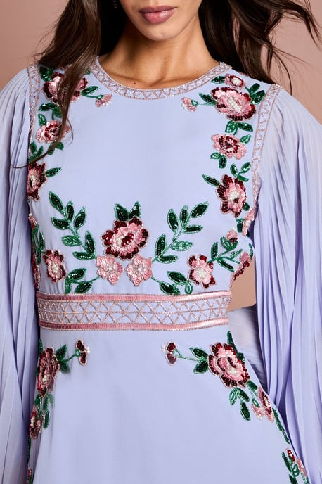 Pleated Sleeve Beaded Floral Midi Dress - Image 4