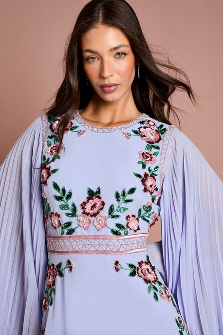 Pleated Sleeve Beaded Floral Midi Dress - Image 5